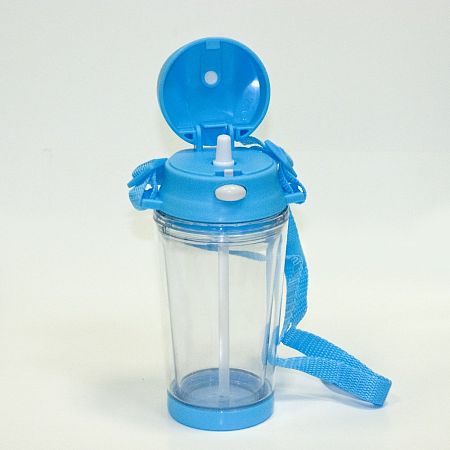 Бутылка для воды пластиковая с голубой крышкой с ремешком и носиком под полиграфическую вставку 310 мл